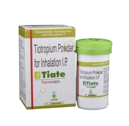 Buy Spiriva (tiotropium bromide) quality assured generic capsules 'Tiate Transcaps'. It's produced by Lupin Ltd®, a US FDA certified manufacturer, in India. It's used with the LupinHaler to treat chronic obstructive pulmonary disease (COPD).